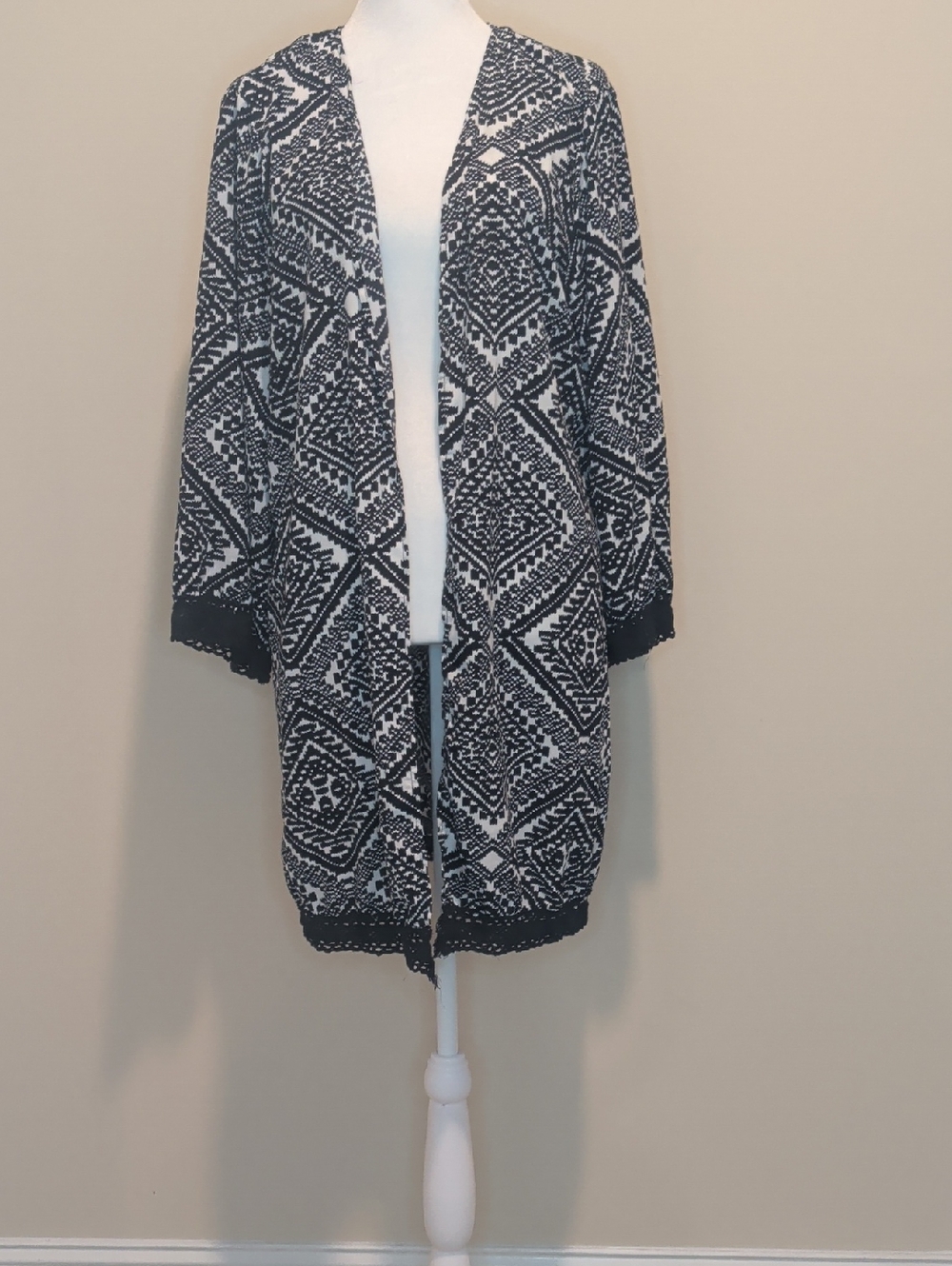 Profile Apparel Black & White Aztec/ Geometric Cardigan With Crochet Detailing